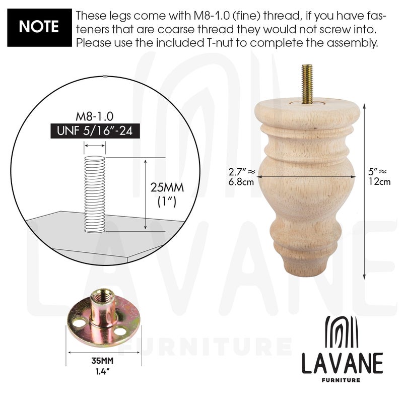 La Vane 5 inch / 12cm Unfinished Wooden Furniture Legs, 4PCS Soild Wood Turned Spindle Replacement Bun Feet with Pre-Drilled M8 Inch Bolt & Mounting Plate for Sofa Couch Chair Ottoman - Image 4